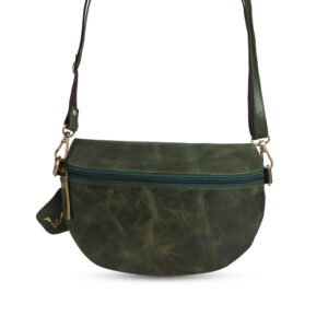 Olive Green Leather Sling Bag – Minimal Design with Antique Fittings